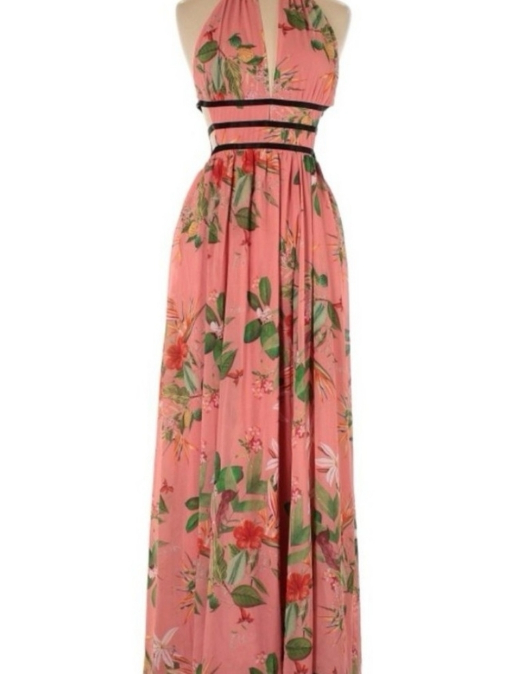 Express Pink Floral Halter Maxi Dress with Black Cut Out Waistband Size M - Picture 5 of 6